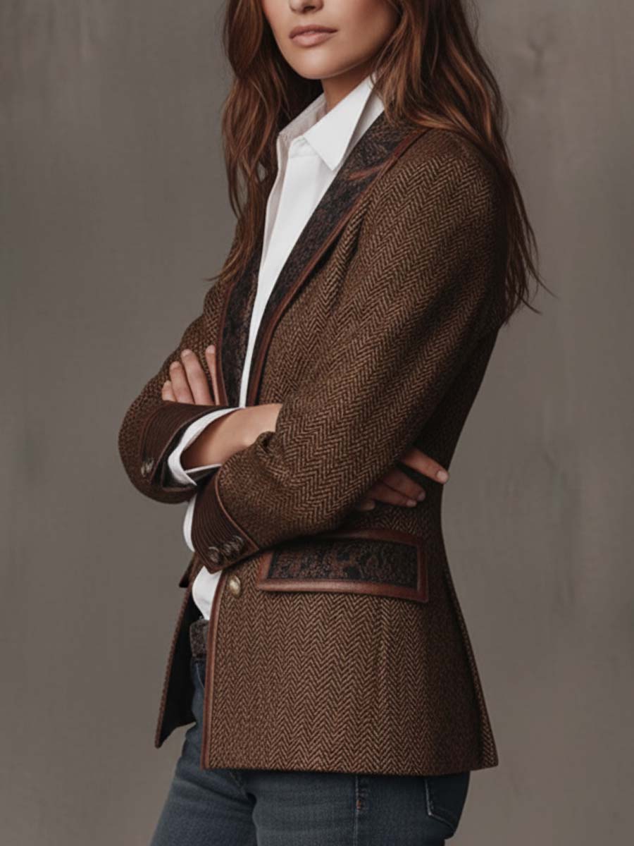 Blazer de mujer con corte en espina de pez y paneles estampados