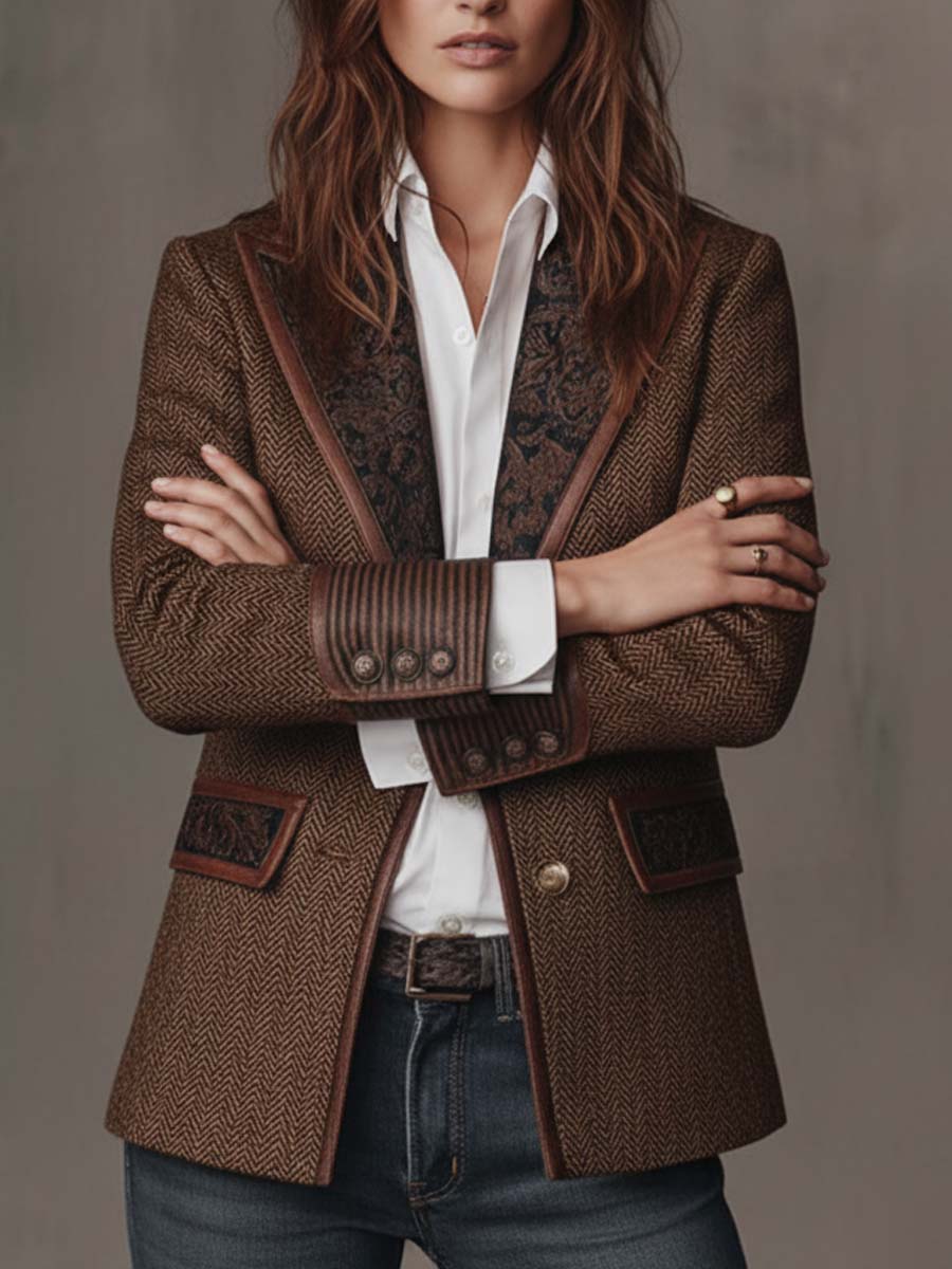 Blazer de mujer con corte en espina de pez y paneles estampados