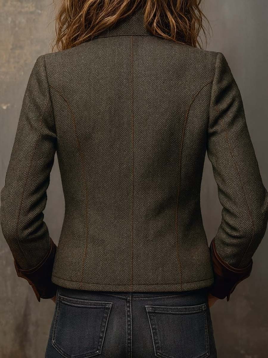 Blazer vintage de mujer con diseño en espiga y ribetes en contraste