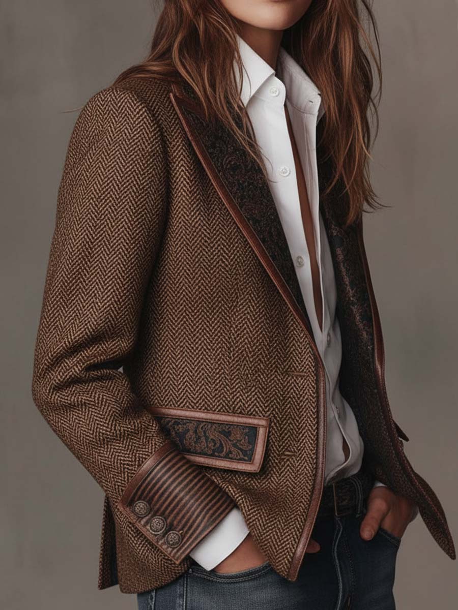 Blazer de mujer con corte en espina de pez y paneles estampados