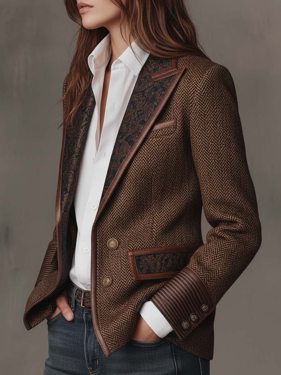 Blazer de mujer con corte en espina de pez y paneles estampados