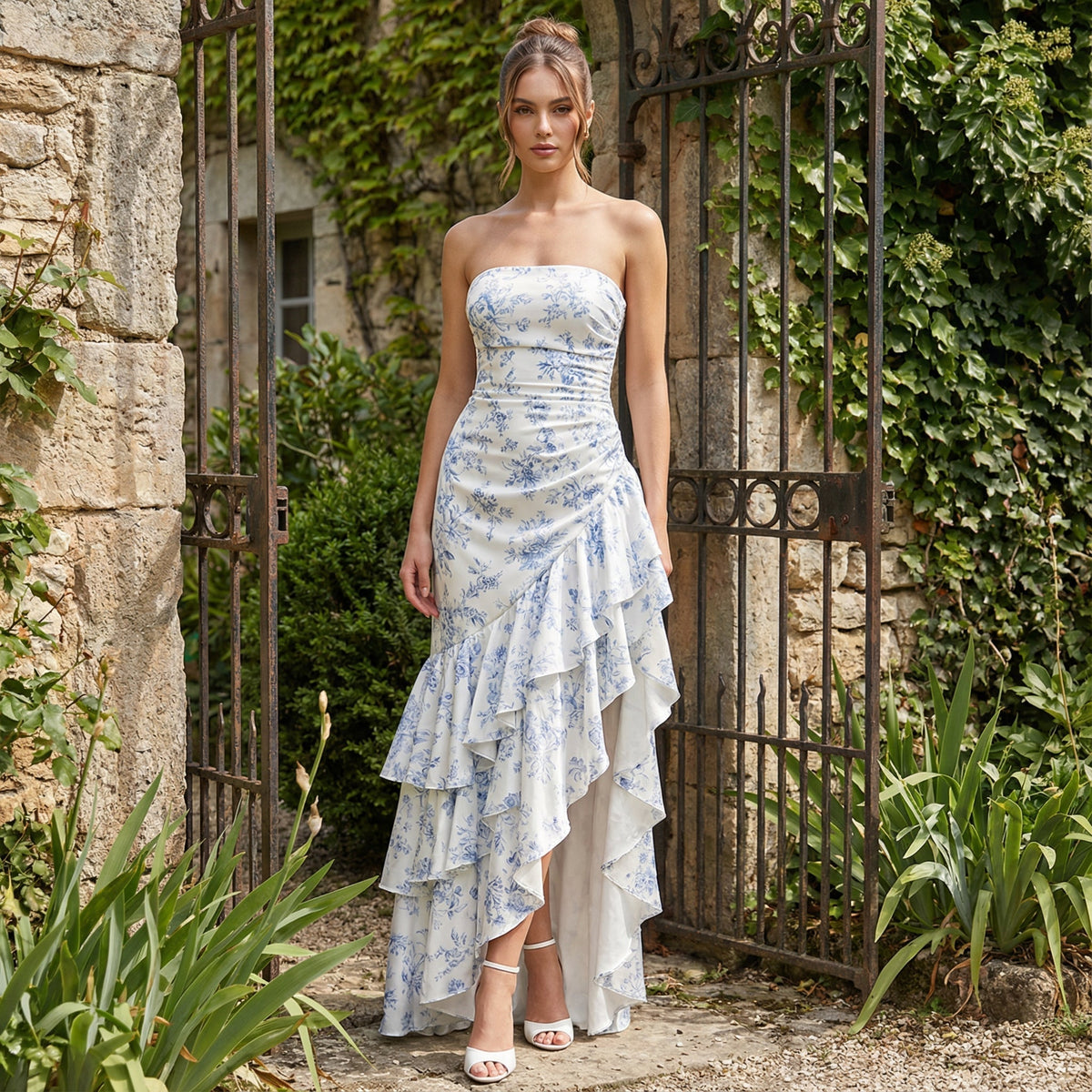 Xyrelle - Vestido maxi sin mangas con abertura y volantes