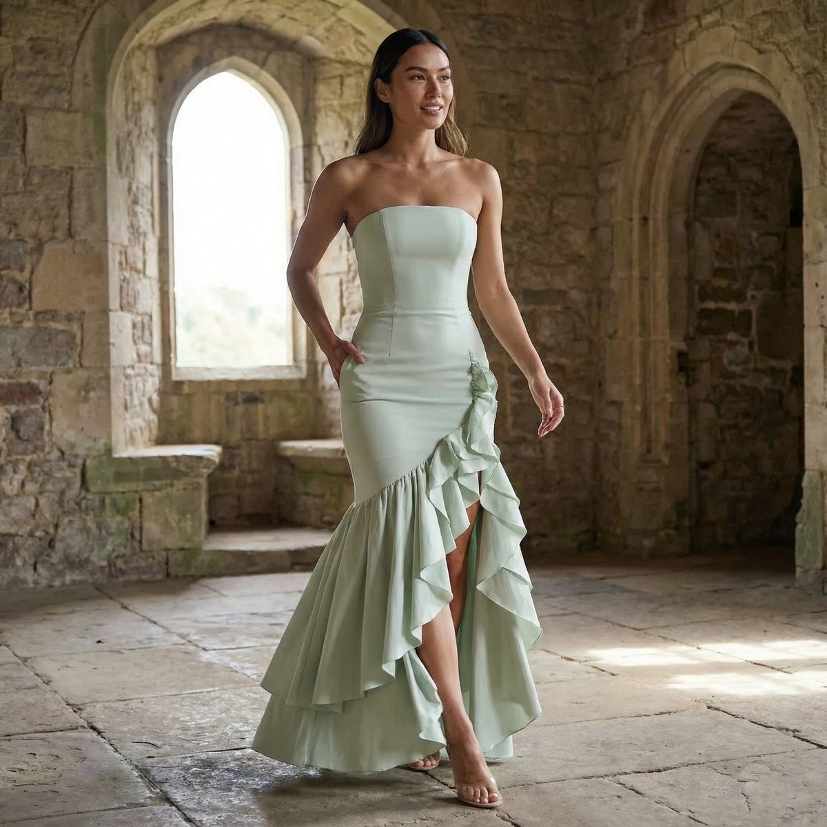 Xyrelle - Vestido maxi sin mangas con abertura y volantes