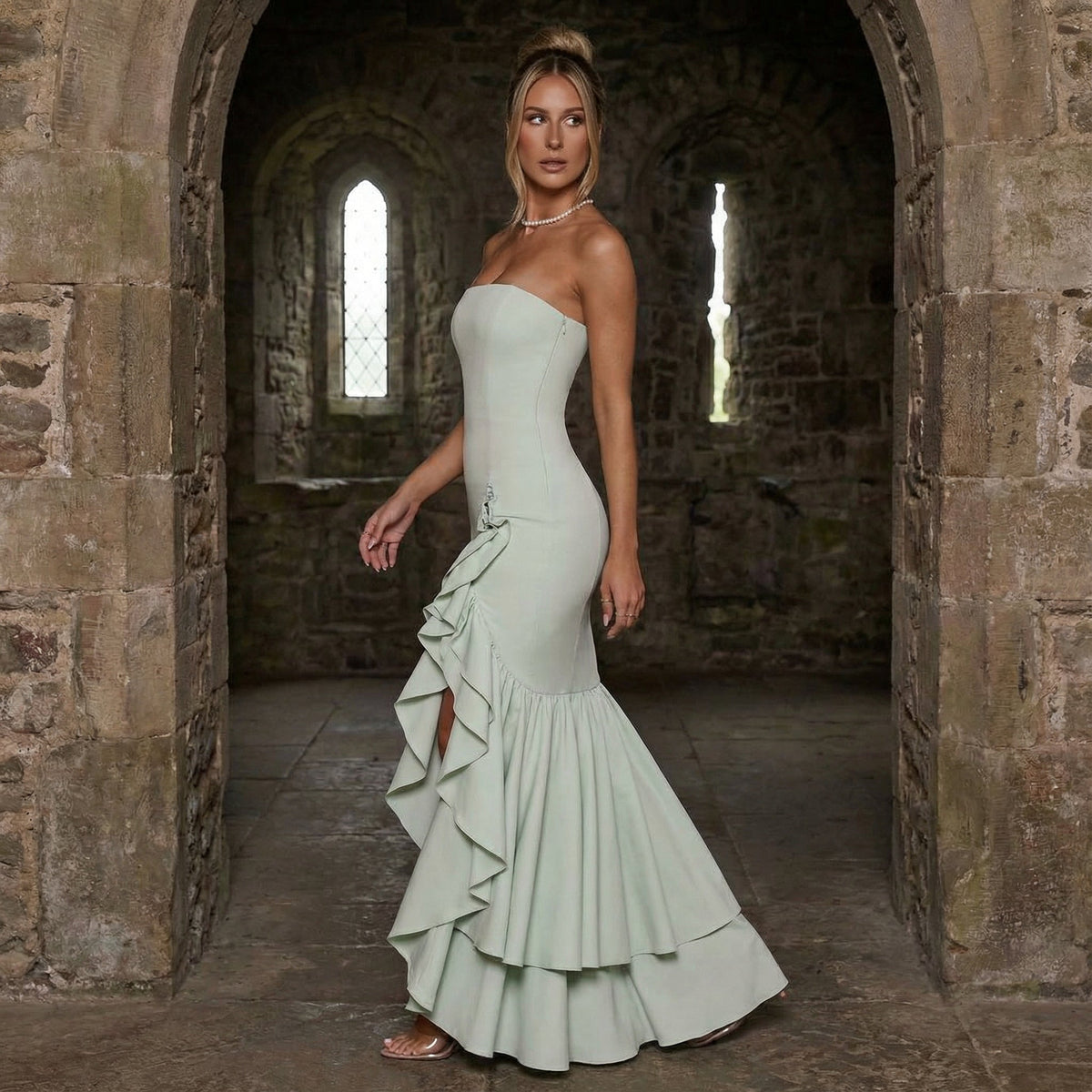 Xyrelle - Vestido maxi sin mangas con abertura y volantes