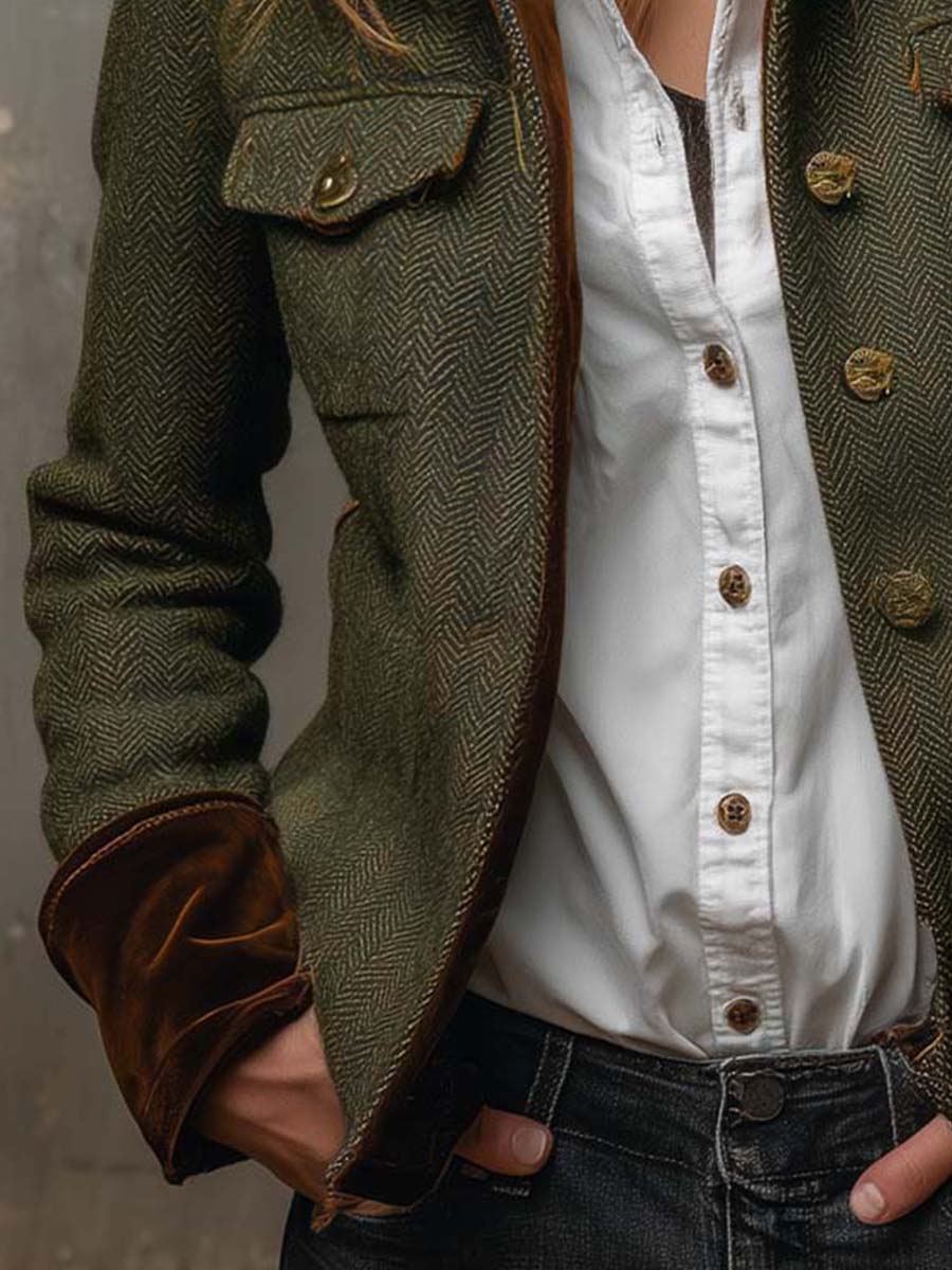 Blazer vintage de mujer con diseño en espiga y ribetes en contraste
