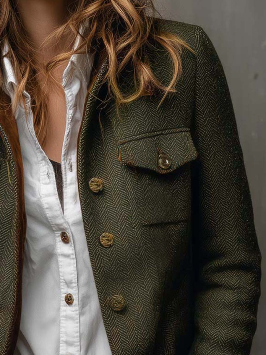 Blazer vintage de mujer con diseño en espiga y ribetes en contraste