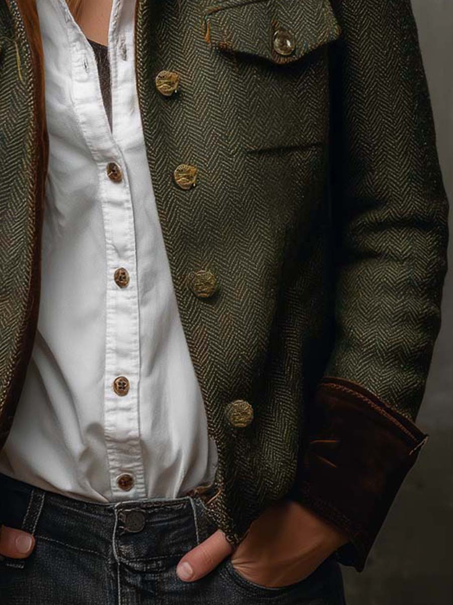 Blazer vintage de mujer con diseño en espiga y ribetes en contraste