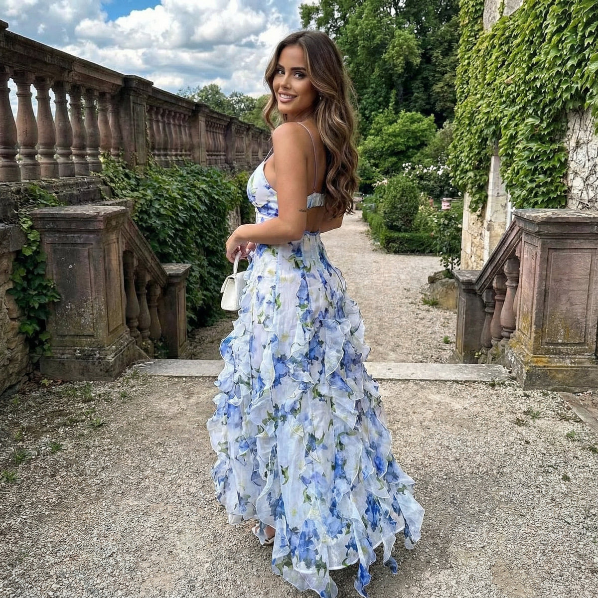 Cyranne - Vestido maxi con estampado floral y volantes