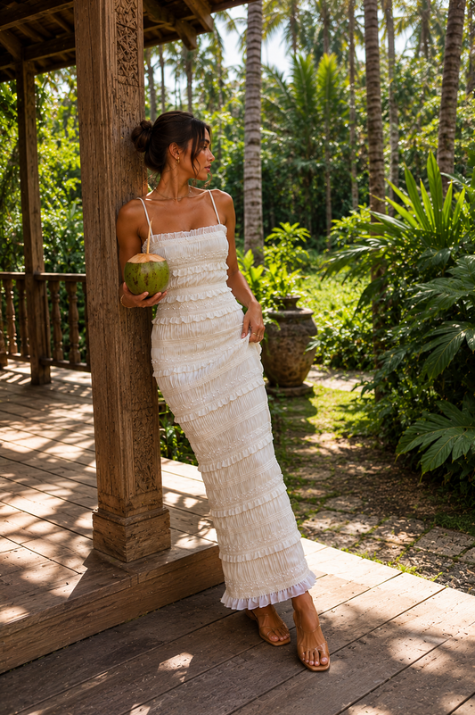 SOLARA | Vestido Maxi de Lentejuelas con Volantes
