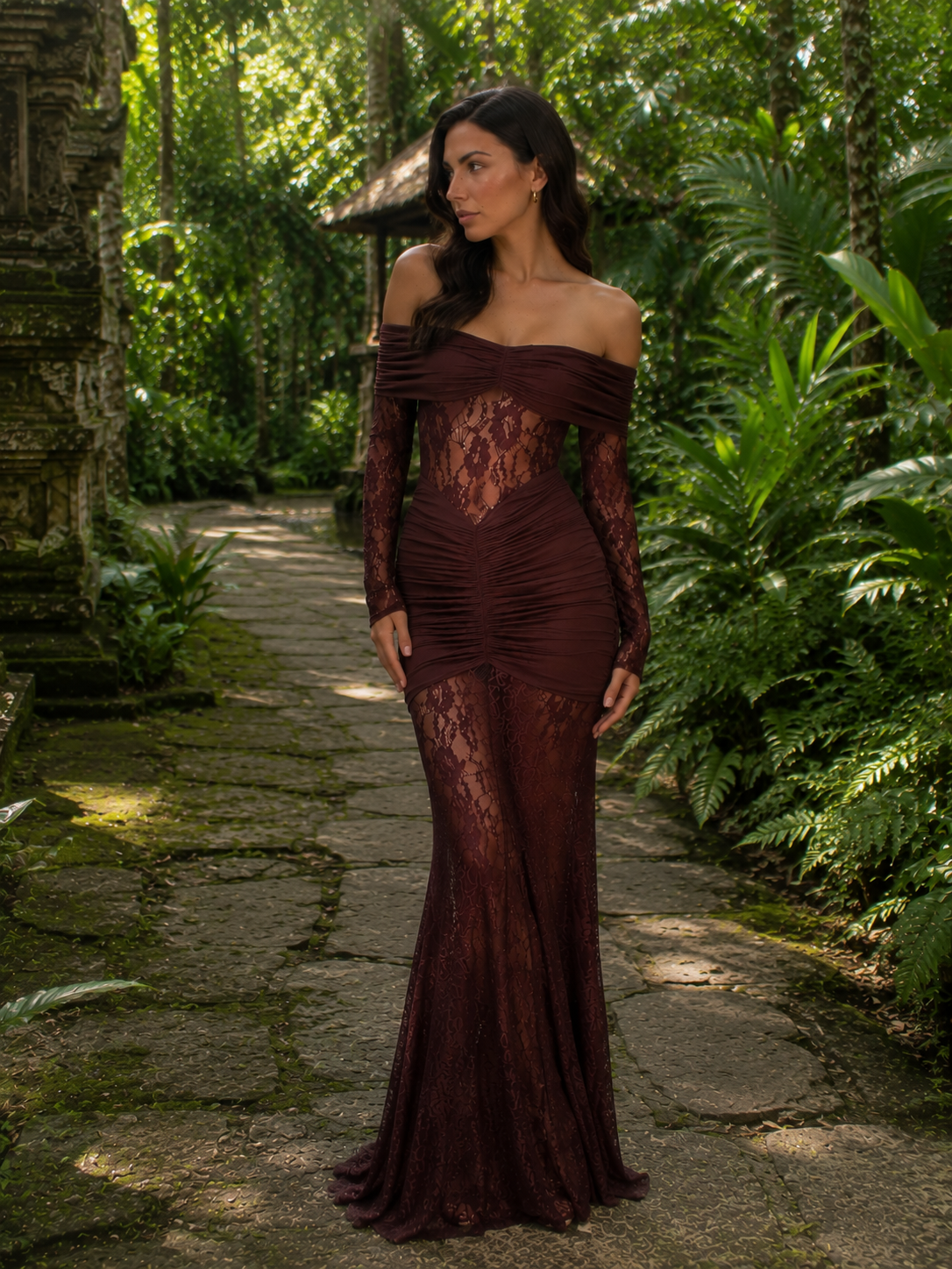 Bruma Vestido Maxi de Encaje con Ruches sin Tirantes