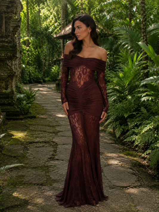 Bruma Vestido Maxi de Encaje con Ruches sin Tirantes