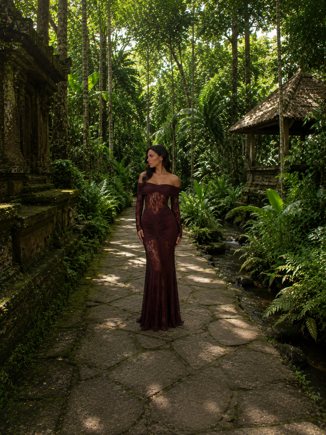 Bruma Vestido Maxi de Encaje con Ruches sin Tirantes