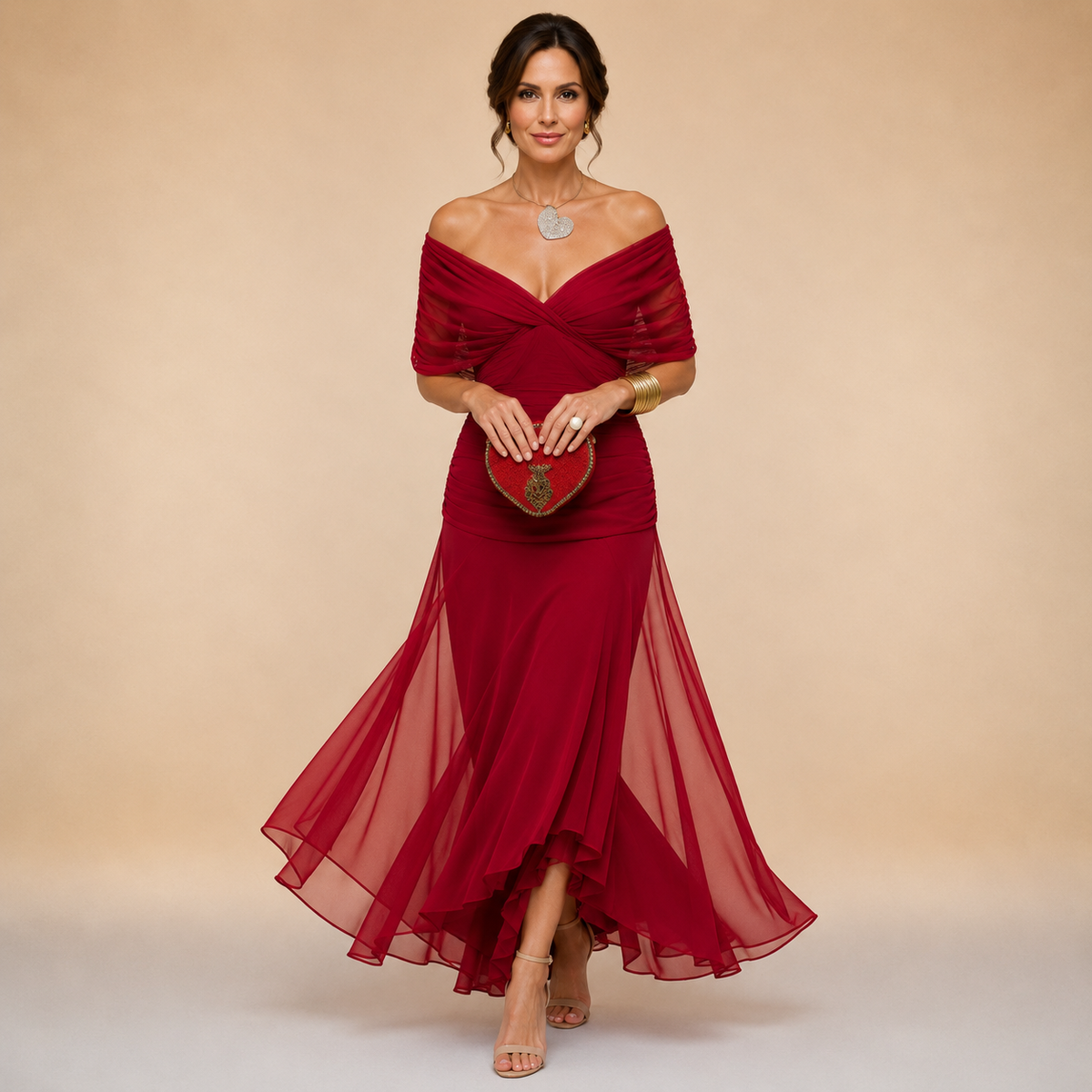 Vestido largo de noche con cuello en V drapeado