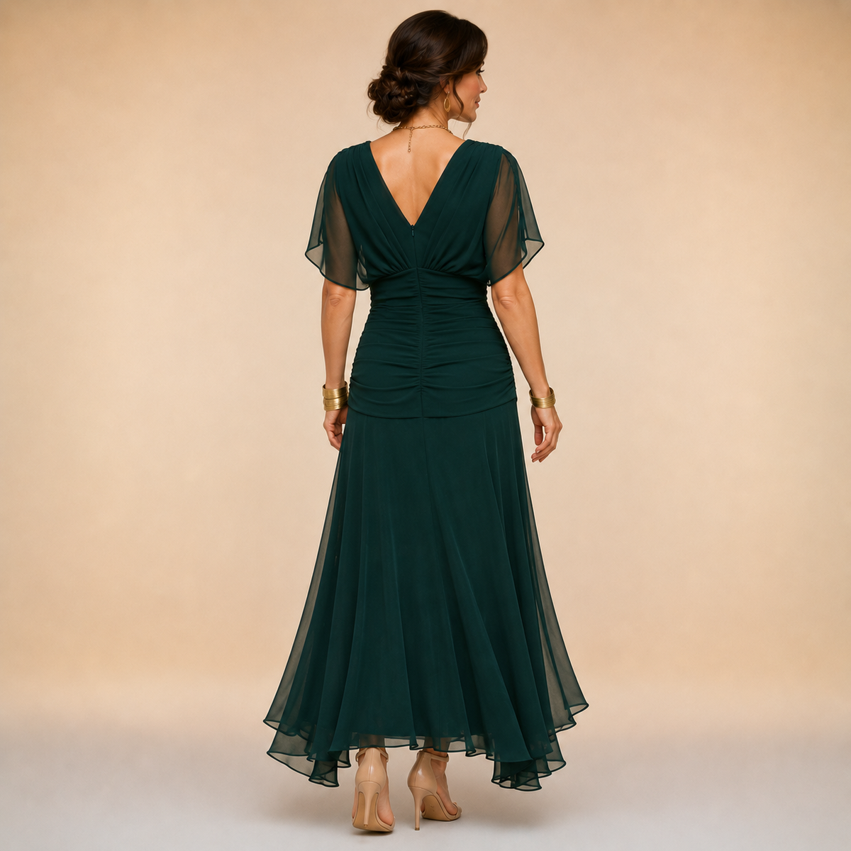 Vestido largo de noche con cuello en V drapeado