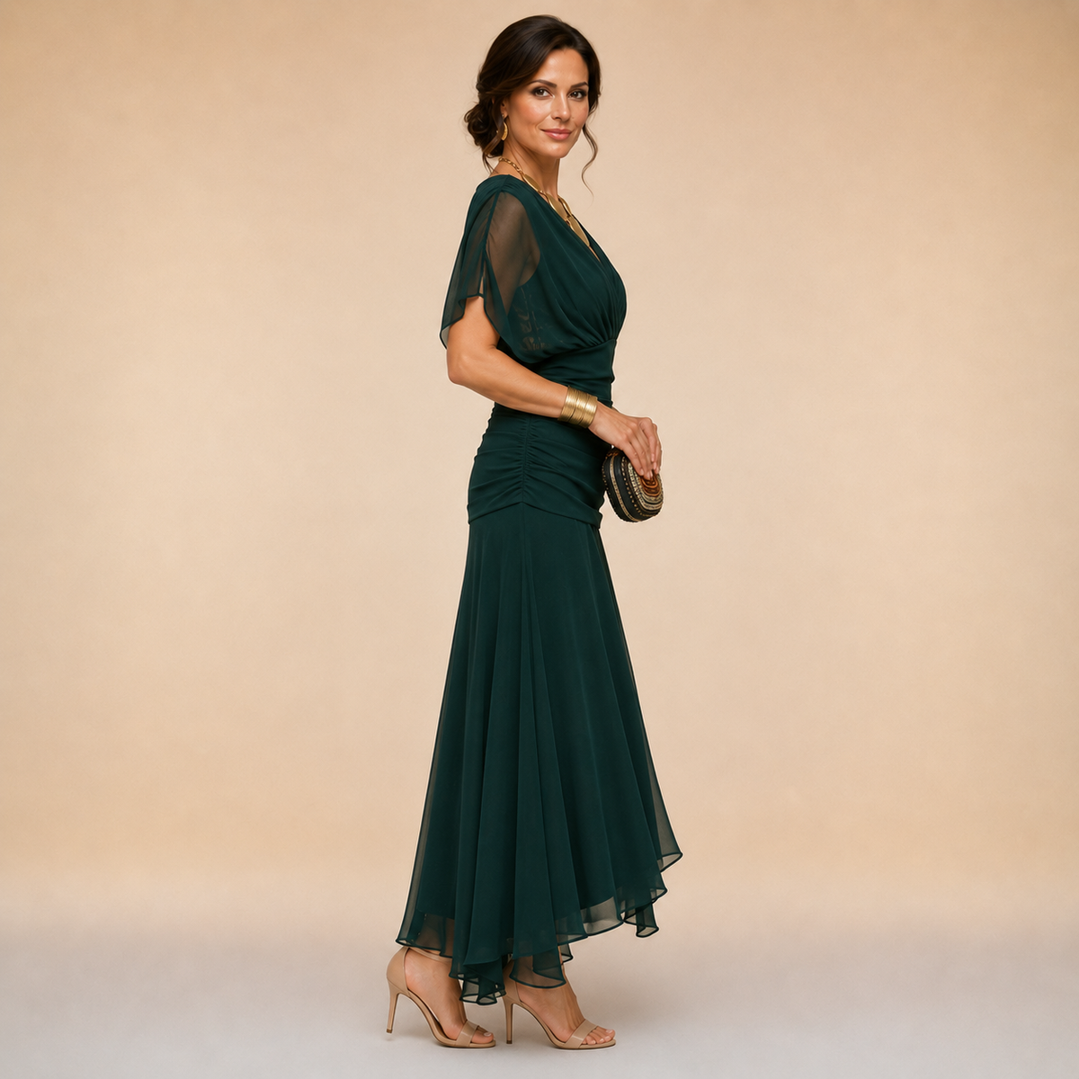 Vestido largo de noche con cuello en V drapeado