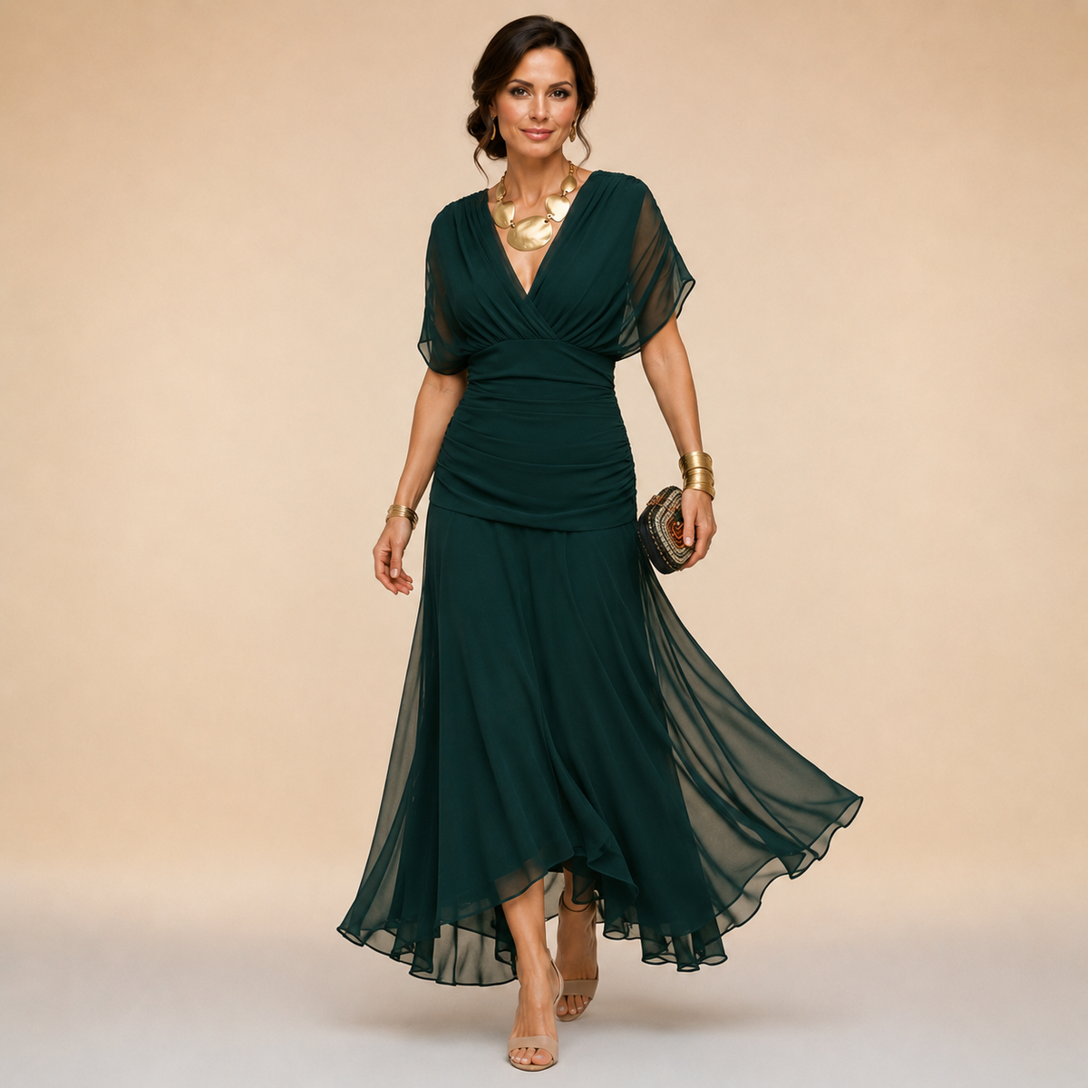 Vestido largo de noche con cuello en V drapeado