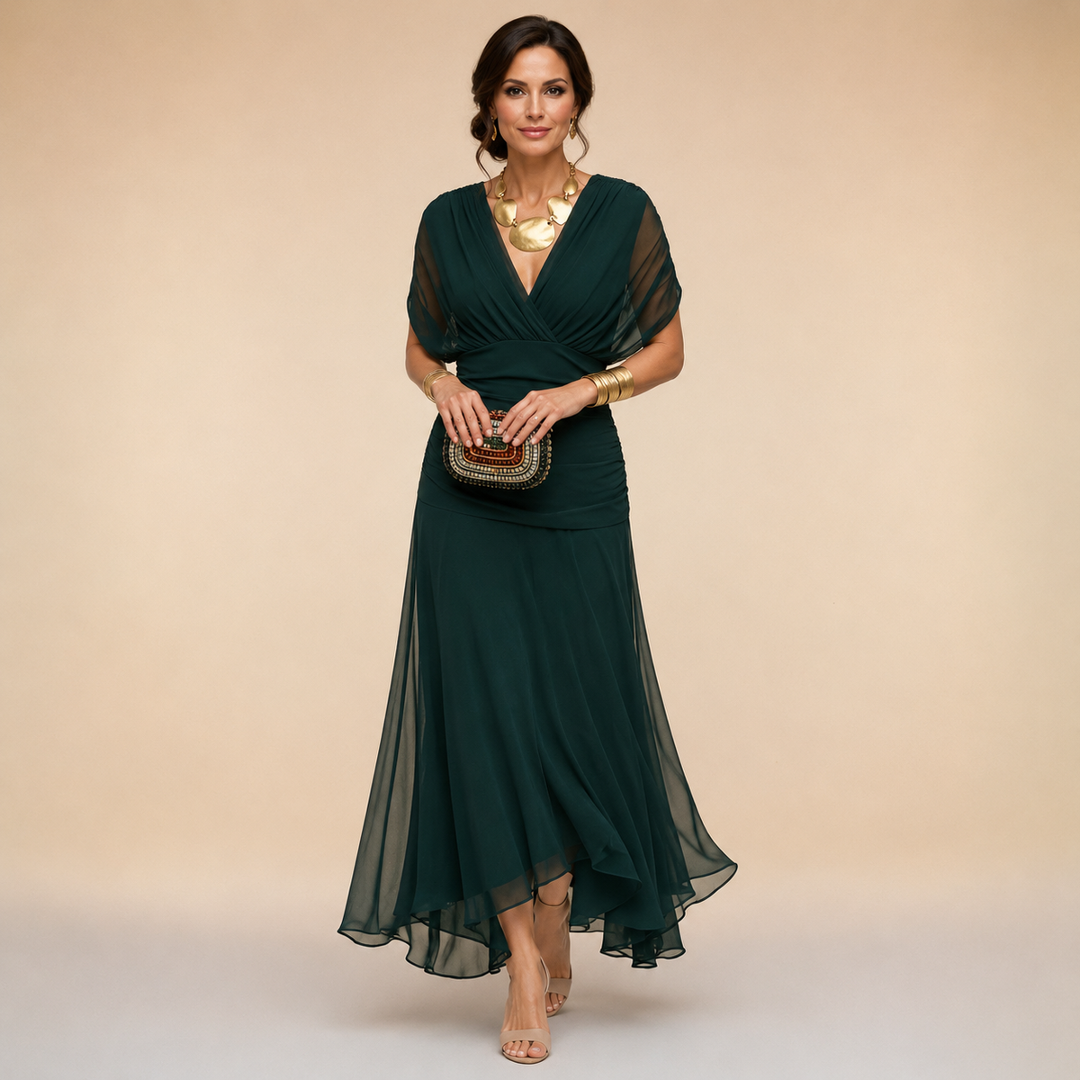Vestido largo de noche con cuello en V drapeado
