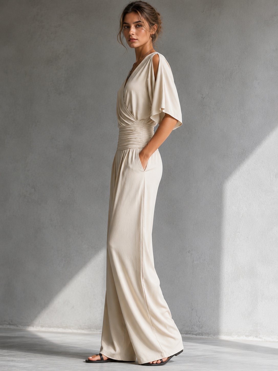 Conjunto elegante con efecto cruzado y pantalón ancho