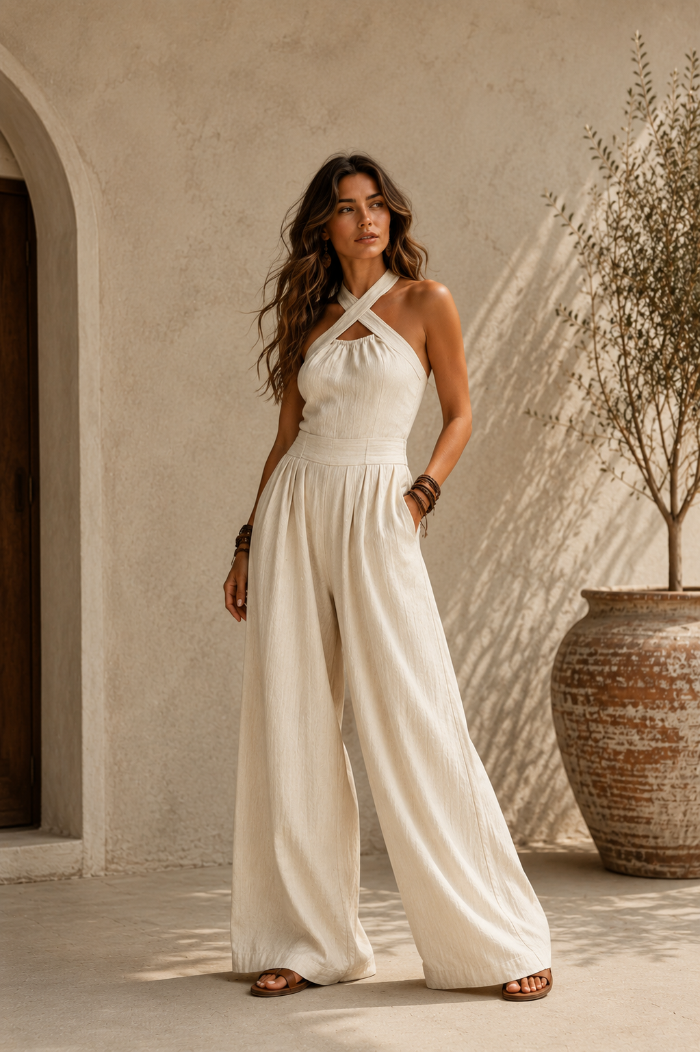 Bianca | overol de lino y algodón con escote cruzado elegante
