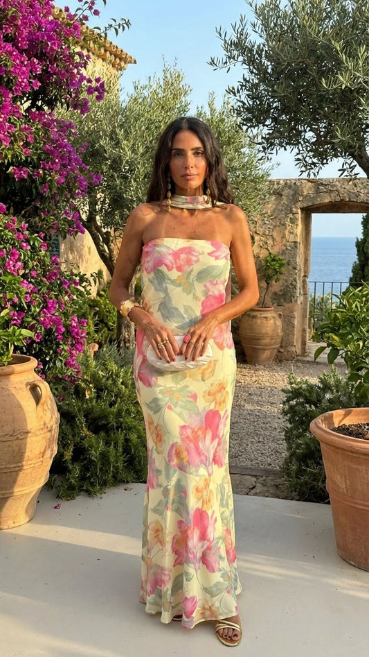 CAPRI | Vestido Largo Strapless Floral Acuarela