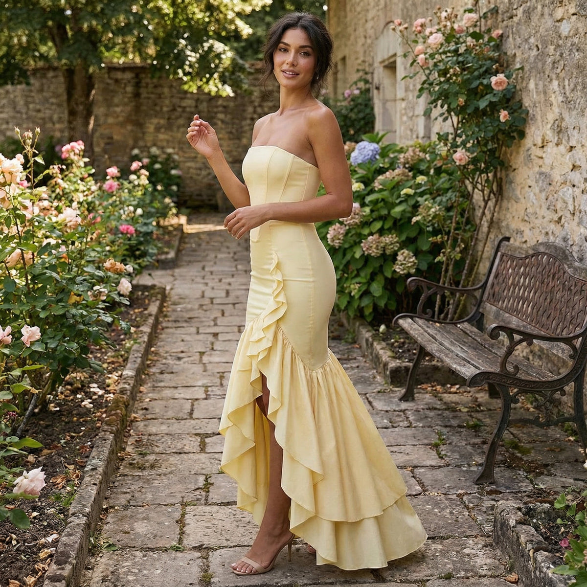 Xyrelle - Vestido maxi sin mangas con abertura y volantes