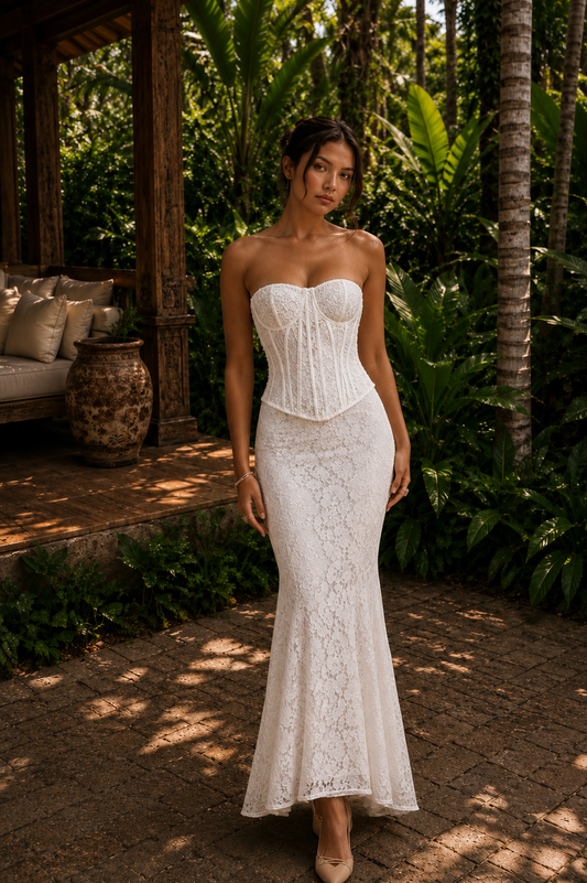 ETERNAL BLOOM | Vestido Midi de Encaje Floral 2 piezas con Corsé