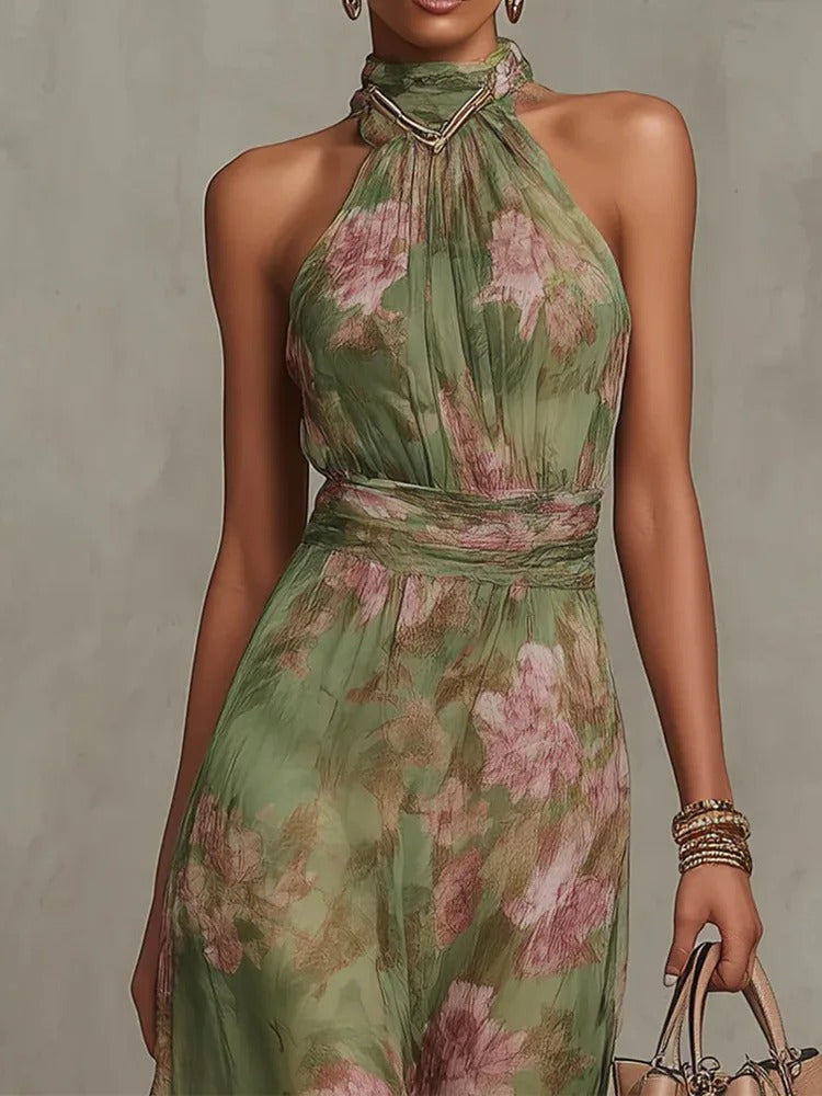 Vestido Maxi Floral en Chiffon con Escote Halter Drapeado y Cintura Definida