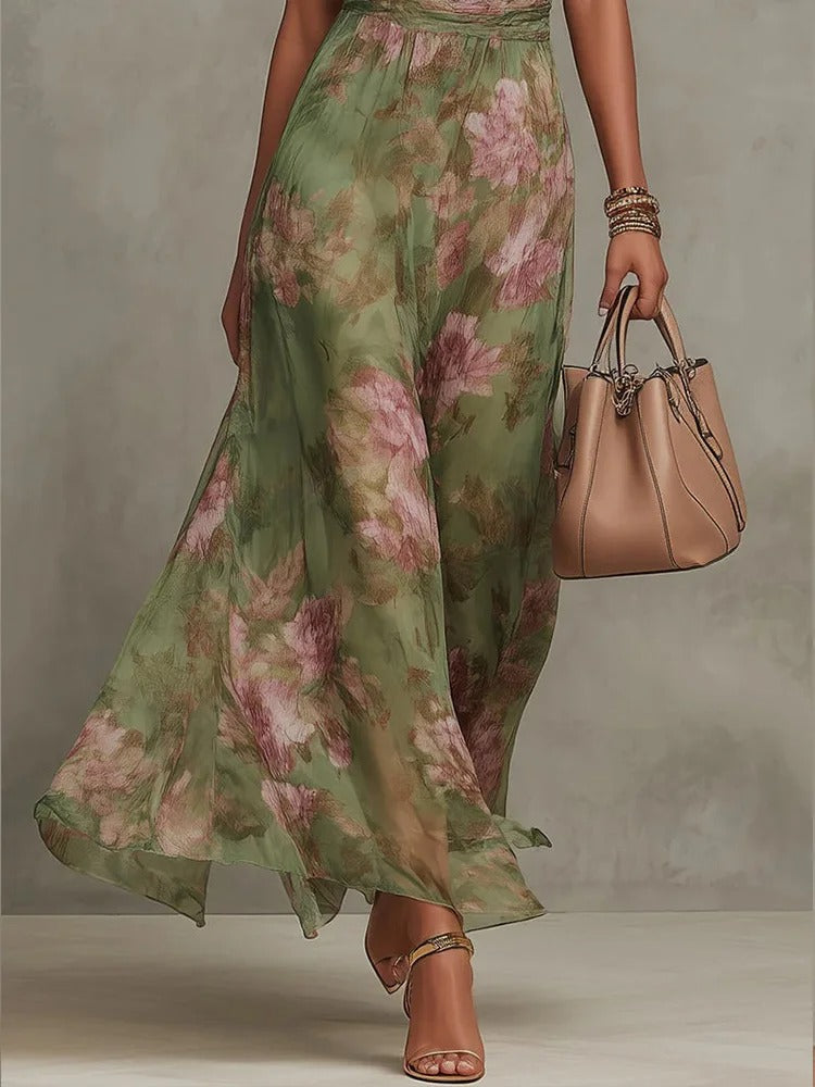 Vestido Maxi Floral en Chiffon con Escote Halter Drapeado y Cintura Definida