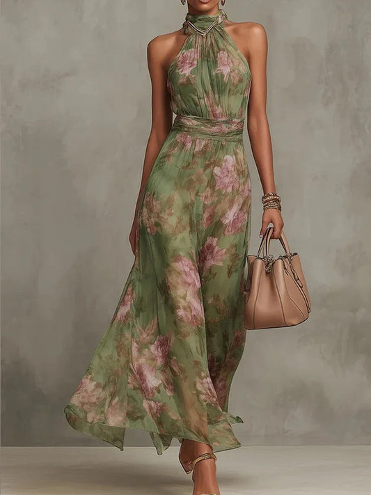 Vestido Maxi Floral en Chiffon con Escote Halter Drapeado y Cintura Definida