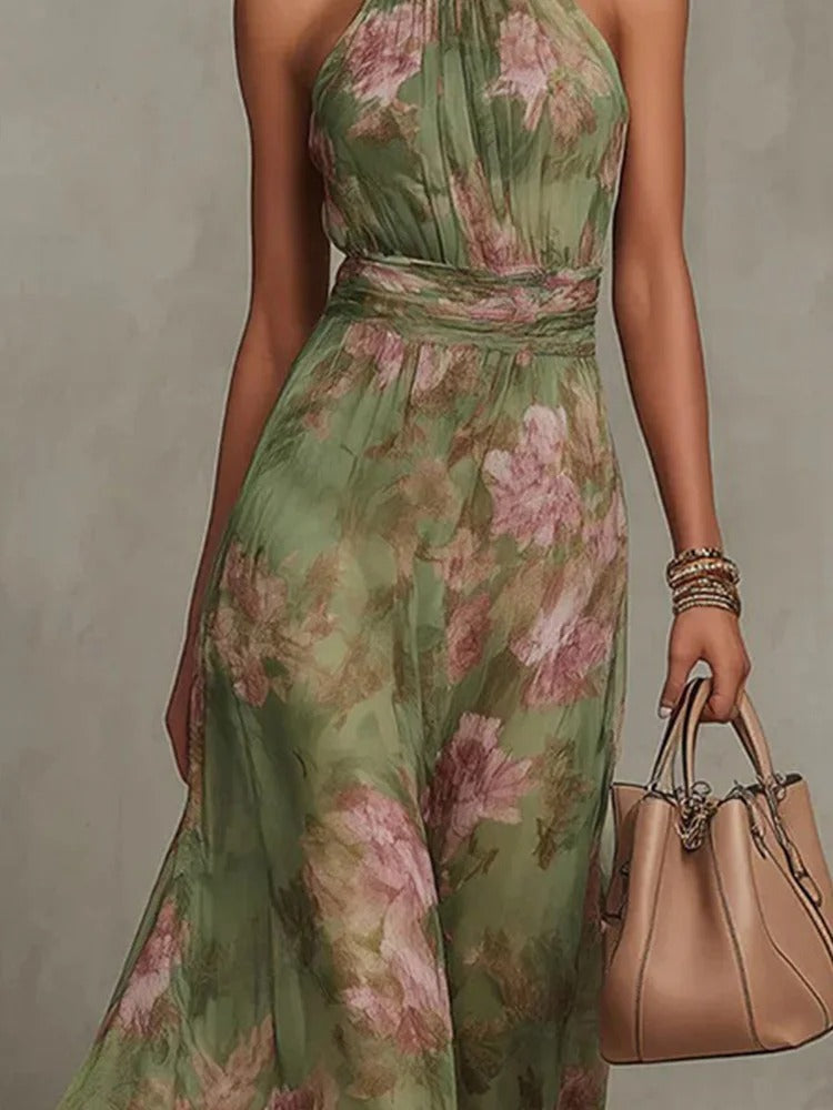 Vestido Maxi Floral en Chiffon con Escote Halter Drapeado y Cintura Definida