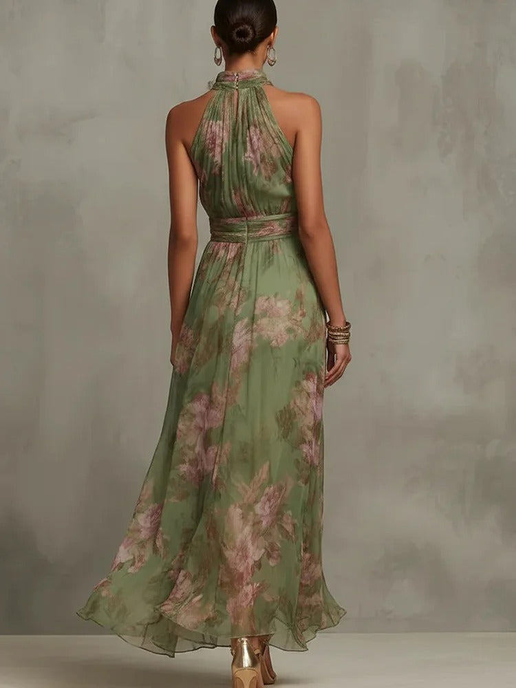 Vestido Maxi Floral en Chiffon con Escote Halter Drapeado y Cintura Definida