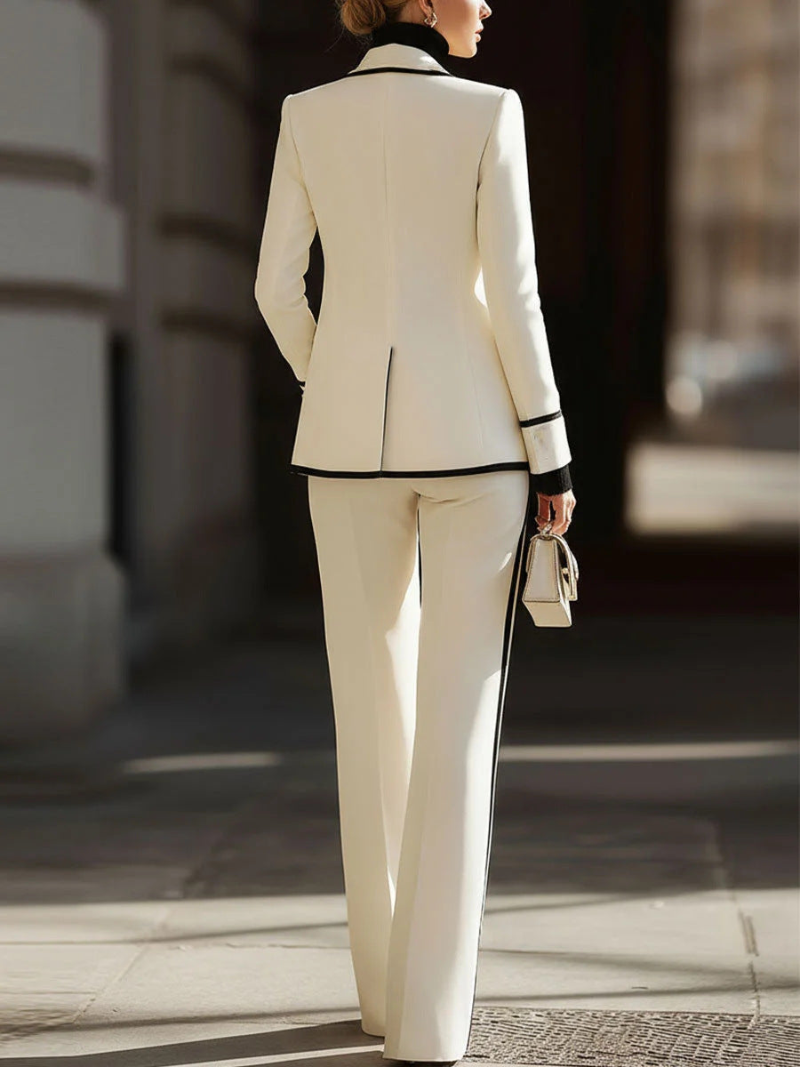 Conjunto de traje elegante y refinado con ribetes en contraste y pantalones anchos