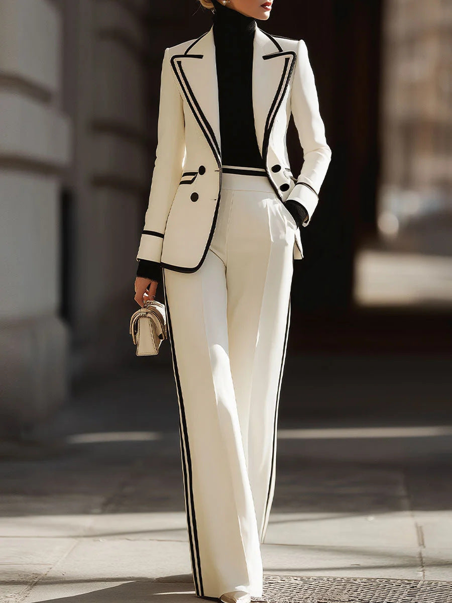 Conjunto de traje elegante y refinado con ribetes en contraste y pantalones anchos